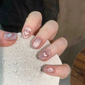 Shiny Heart Pastel Pink - Press On Nail Set Of 24 - Free 24 Pcs Sticker Sheet Included