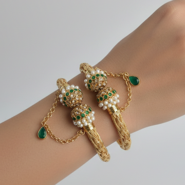 Luxury Pearl & Green Diamond Gold - Bangle Set Of 2