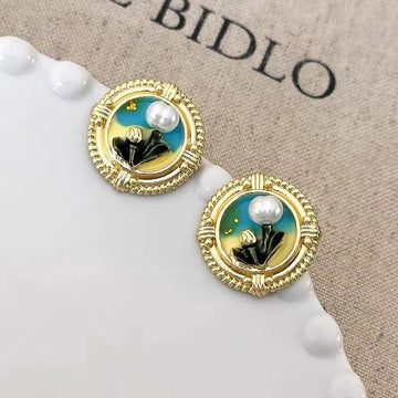 Luxury Pearly Flower Oil Painting Gold - Earring