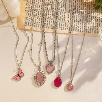 Pink Gem & Butterfly - Necklace Set Of 5