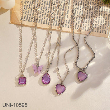 Purple Gem & Butterfly - Necklace Set Of 5