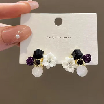 White & Purple Flower Crystal Flower - Earring