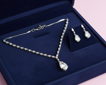 Crystal White Natural Stone Rain Drop Diamonds Silver - Jewelry Set Of 2