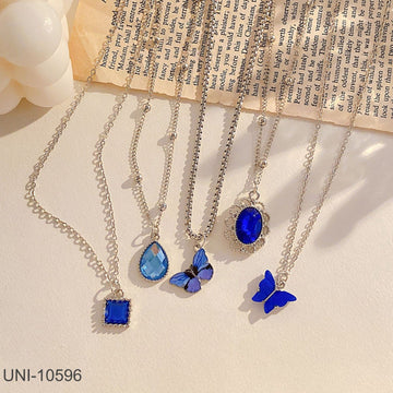 Navy Blue Gem & Butterfly - Necklace Set Of 5