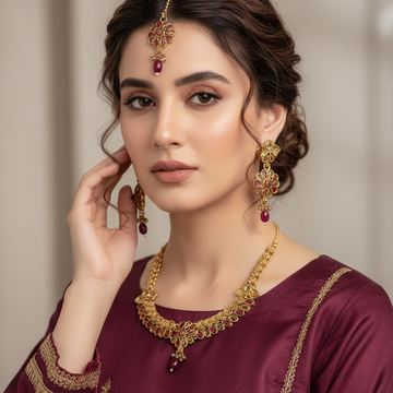 Premium Maroon Gold Flowers - Jewelry Set