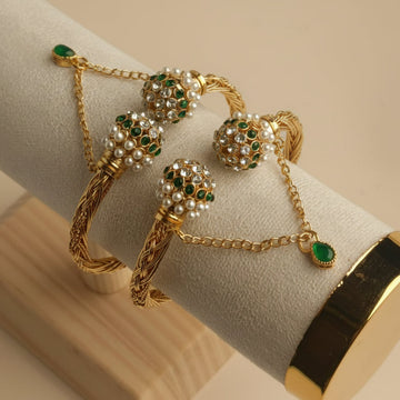 Luxury Pearl & Emerald Green Diamonds Gold - Bangle Set Of 2
