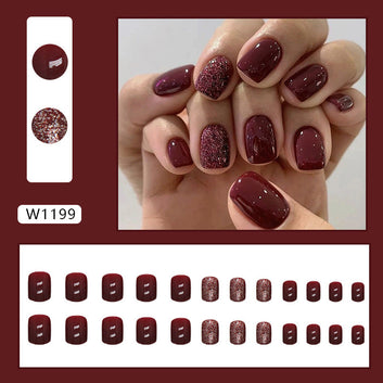 Glittery Maroon - Press On Nail Set Of 24 - Free 24 Pcs Sticker Sheet Included
