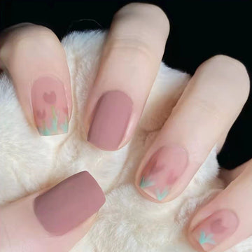 Morandi Pink &Flowers - Press On Nail Set - Free 24 Pcs Sticker Sheet Included Of 24