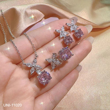 Pink Flower Diamond Silver - Jewelry Set