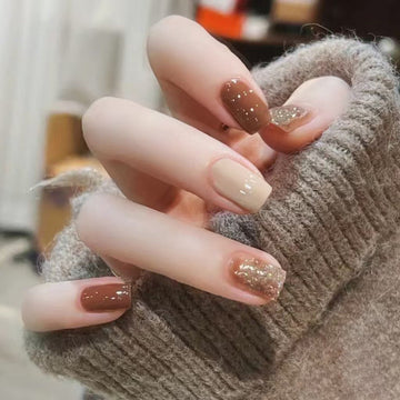 Silver Sparkle & Chocolate Color - Press On Nail Set Of 24 - Free 24 Pcs Sticker Sheet Included