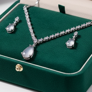 Matte White Natural Stone Square Diamonds Silver - Jewelry Set Of 2