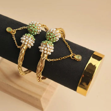 Luxury White Pearl & Green Diamond Gold - Bangle Set Of 2