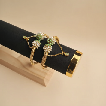 Luxury White Pearl & Green Diamond Gold - Bangle Set Of 2