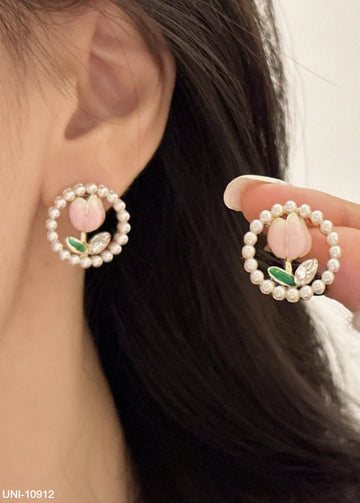 Pearl Round & Pink Tulip Flower - Earring
