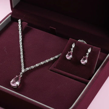 Crystal Pink Natural Stone Rain Drop Diamonds Silver - Jewelry Set Of 2