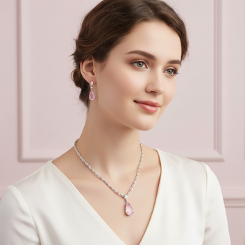 Crystal Pink Natural Stone Rain Drop Diamonds Silver - Jewelry Set Of 2