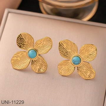 Turquoise Stone Gold Flower - Earring