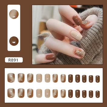 Silver Sparkle & Chocolate Color - Press On Nail Set Of 24 - Free 24 Pcs Sticker Sheet Included