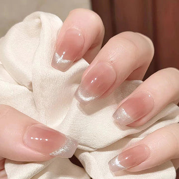 Shiny White Salmon Pink Shade - Press On Nail Set Of 24 - Free 24 Pcs Sticker Sheet Included