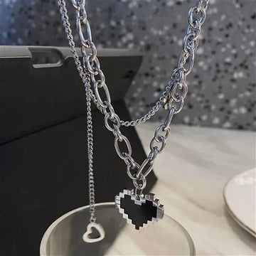 Black Heart Double Layer Chain - Necklace