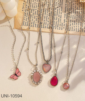 Pink Gem & Butterfly - Necklace Set Of 5