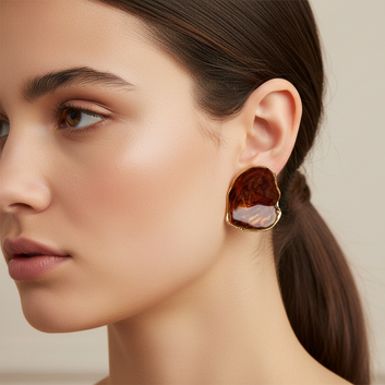 Enameled Amber Coffee Gold - Earring