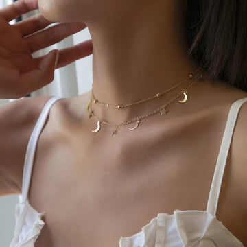 Gold Moon & Star Double Layer - Necklace