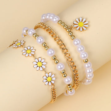 Daisy Flower & White Pearly - Bracelet Set of 4