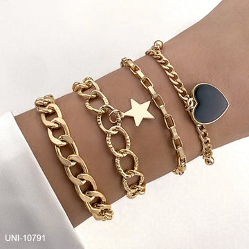 Black Heart & Star Charms Gold Chain - Bracelet Set of 4