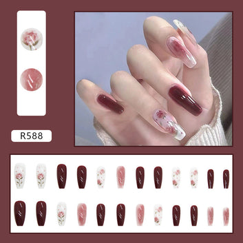 Pastel Flower & Red Maroon - Press On Nail Set Of 24 - Free 24 Pcs Sticker Sheet Included