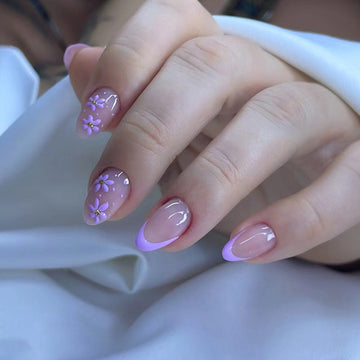 Flowers & Purple Pastel - Press On Nail Set Of 24 - Free 24 Pcs Sticker Sheet Included