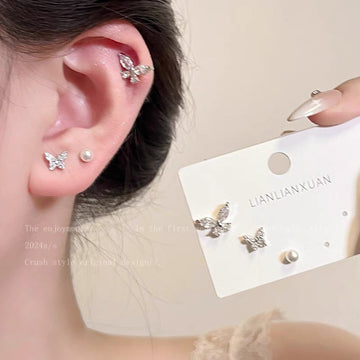 Pearl & Butterfly Silver - Ear Studs Set Of 6