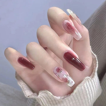 Pastel Flower & Red Maroon - Press On Nail Set Of 24 - Free 24 Pcs Sticker Sheet Included