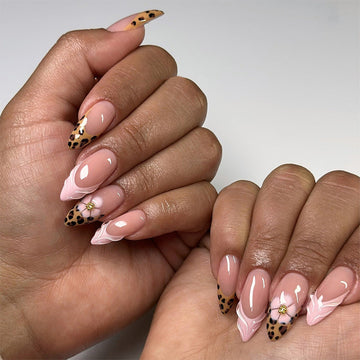 Flower & Cheetah Print - Press On Nail Set Of 24 - Free Nail Kit Included
