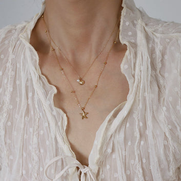 Star Fish & Sea Shell Pearl Gold Double Layer - Necklace
