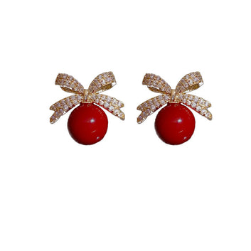Red Pearl Bow & Sparkle Diamond - Earring
