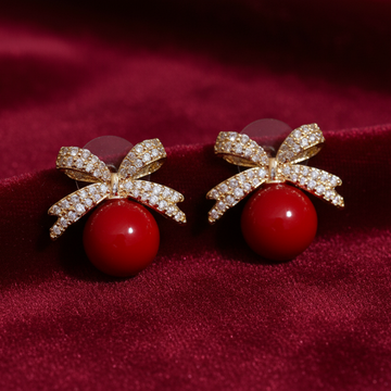 Red Pearl Bow & Sparkle Diamond - Earring