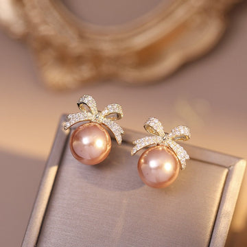 Pink Pearl Bow & Sparkle Diamond - Earring