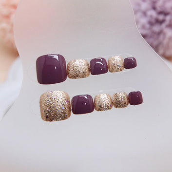Gold Glitter & Purple - Toenail Set Of 24- Free 24 Pcs Sticker Sheet Included