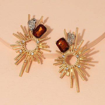 Brown Gem Elegant Foiled Flower - Earring