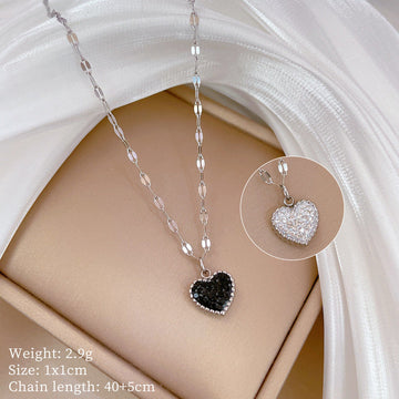Black & White Diamond Heart Double Side Silver - Necklace