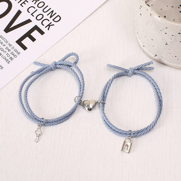 Blue Lock & Key Magnetic Heart - Bracelet Set