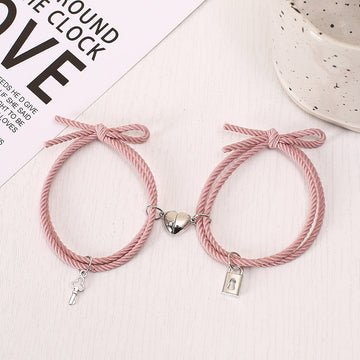Pink Lock & Key Magnetic Heart - Bracelet Set