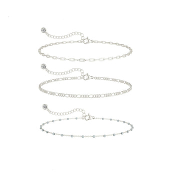 Silver Chain Blue Stone - Anklet Set of 3