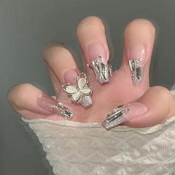 Crystal Buttefly & Diamonds Fancy - Press On Nail Set Of 24 - Free 24 Pcs Sticker Sheet Included