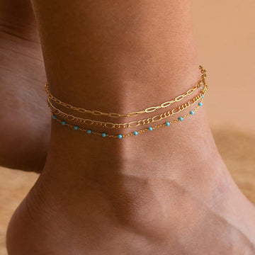 Gold Chain Blue Stone - Anklet Set of 3
