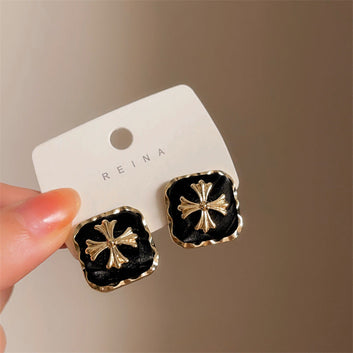 Vintage Leather Black Square Gold - Earring