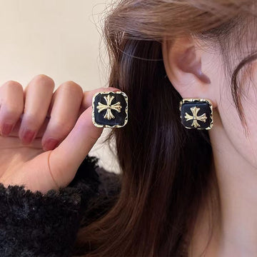 Vintage Leather Black Square Gold - Earring