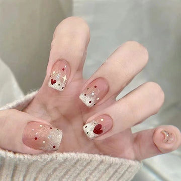 Polka Heart Pink - Press On Nail Set Of 24 - Free 24 Pcs Sticker Sheet Included