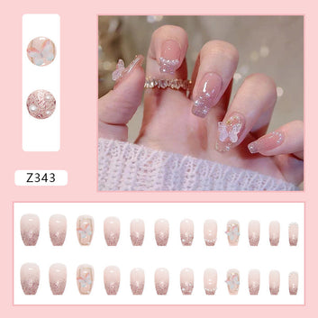 Pearl & Butterfly Shiny Pink - Press On Nail Set Of 24 - Free 24 Pcs Sticker Sheet Included